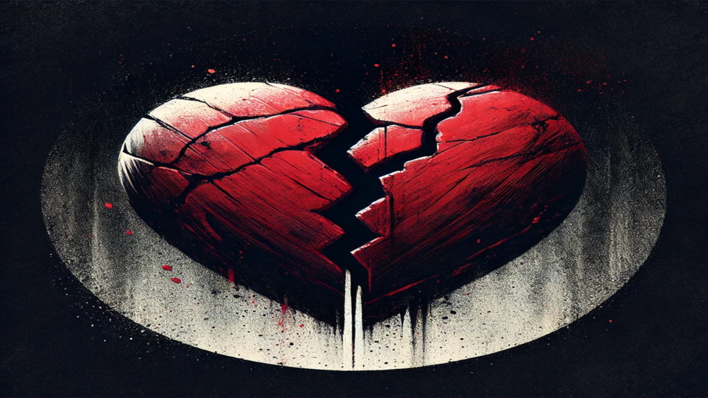 Um coração partido, rachado ao meio, simbolizando a dor e a saudade que Laura sentia enquanto lutava para aceitar a distância de seu ex, mesmo após várias tentativas frustradas de reconciliação. A imagem evoca uma atmosfera emocional e intensa, refletindo a luta interna e o desespero diante de promessas não cumpridas.