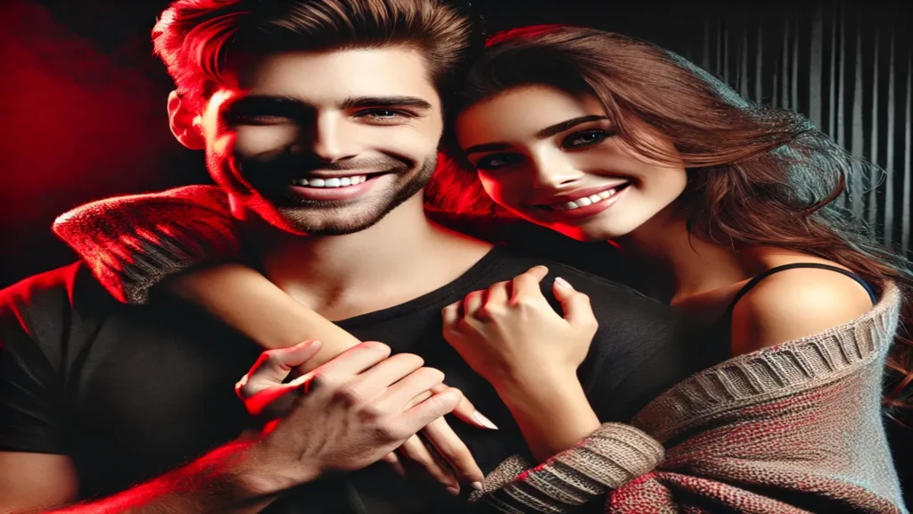 Mulher abraçando seu parceiro com alegria, em um ambiente com tons de preto e vermelho, destacando a intensidade e a paixão da relação. O casal sorri, demonstrando conexão e harmonia, refletindo a felicidade de um amor verdadeiro e autêntico, simbolizando como o Selamento Espiritual é o único trabalho que pode trazer a pessoa amada de volta.