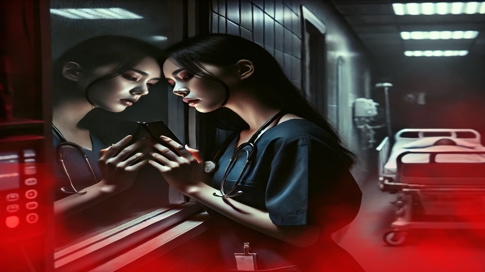 Laura, uma enfermeira, encontra-se encostada em uma janela do hospital, segurando o celular com uma expressão de profunda tristeza e reflexão. O fundo escuro, iluminado com tons vermelhos e pretos, intensifica o sentimento de solidão e desesperança, enquanto a imagem transmite o tema de buscar respostas para a pergunta que não a deixa: "Como trazer a pessoa amada de volta?"