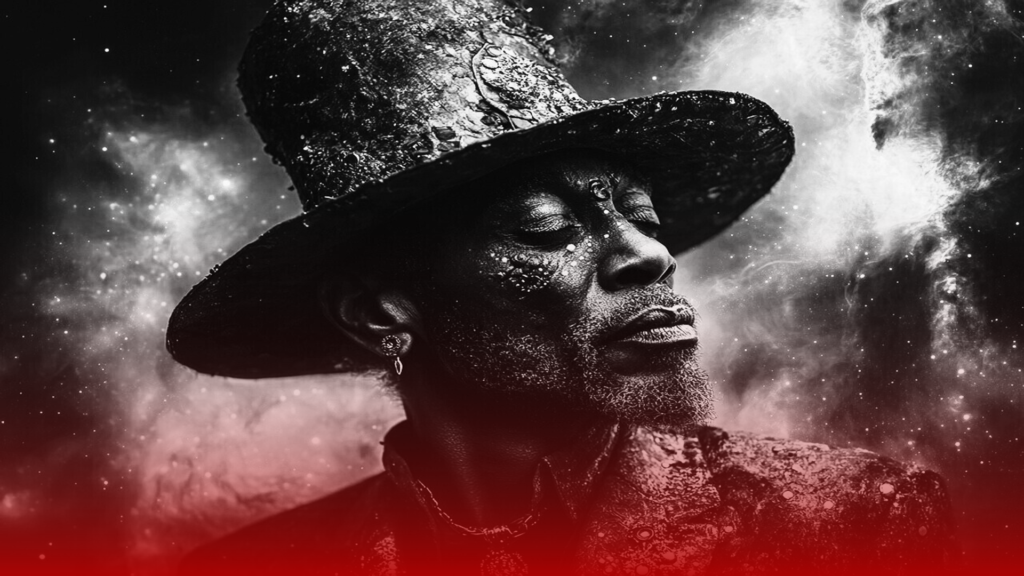 Retrato impressionante em preto e branco de um homem com expressão serena, usando um chapéu detalhado e adornos no rosto, remetendo a um contexto místico e espiritual. O fundo estrelado, com tons etéreos e texturas cósmicas, evoca uma conexão entre o material e o espiritual. Retratando O que a Quimbanda ensina 