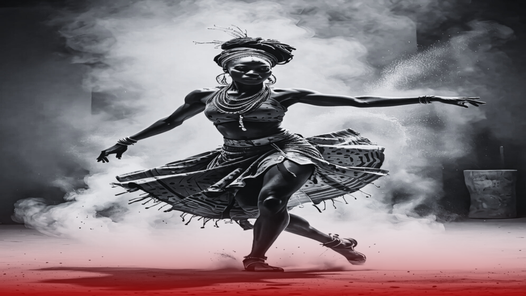 Mulher dançando com movimentos graciosos e fortes, usando roupas tradicionais e adornos detalhados. A dança é capturada em meio a uma atmosfera mística, com nuvens de fumaça e sombras, simbolizando a espiritualidade e a força ancestral presentes nos rituais da Quimbanda.