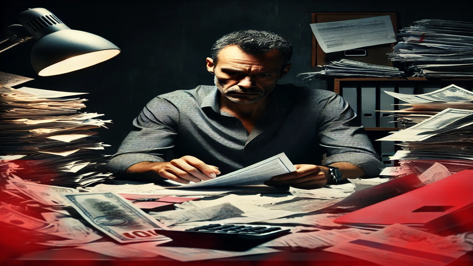 Imagem de um homem de meia-idade sentado em uma mesa repleta de contas e documentos. O ambiente está mergulhado em tons de preto e vermelho, transmitindo uma sensação de preocupação e pressão financeira. A expressão séria e técnicas do homem reflete o peso das responsabilidades e dificuldades de início de ano, quando as despesas fixas, como IPTU e IPVA, somadas aos gastos das festas, tornam pacto para prosperidade essencial.
