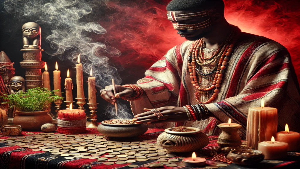 Imagem de um sacerdote de religiões de matriz africana realiza um ritual para riquezas financeiras. Ele está vestido com trajes tradicionais, adornados com colares e pulseiras coloridas. Sobre a mesa há moedas douradas, ervas, velas acesas e outros objetos ritualísticos, com fumaça de fumaça incenso criando uma atmosfera mística Os tons vermelhos e pretos dominam a cena, transmitindo poder e espiritualidade.