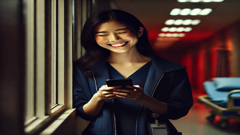 Uma enfermeira , com jaleco azul-marinho, segura o celular com um sorriso radiante no rosto, representando o momento de felicidade ao receber a mensagem do ex-marido. O fundo, com tons de vermelho e preto, adiciona um toque de dramaticidade à cena, simbolizando a superação e o reencontro amoroso.