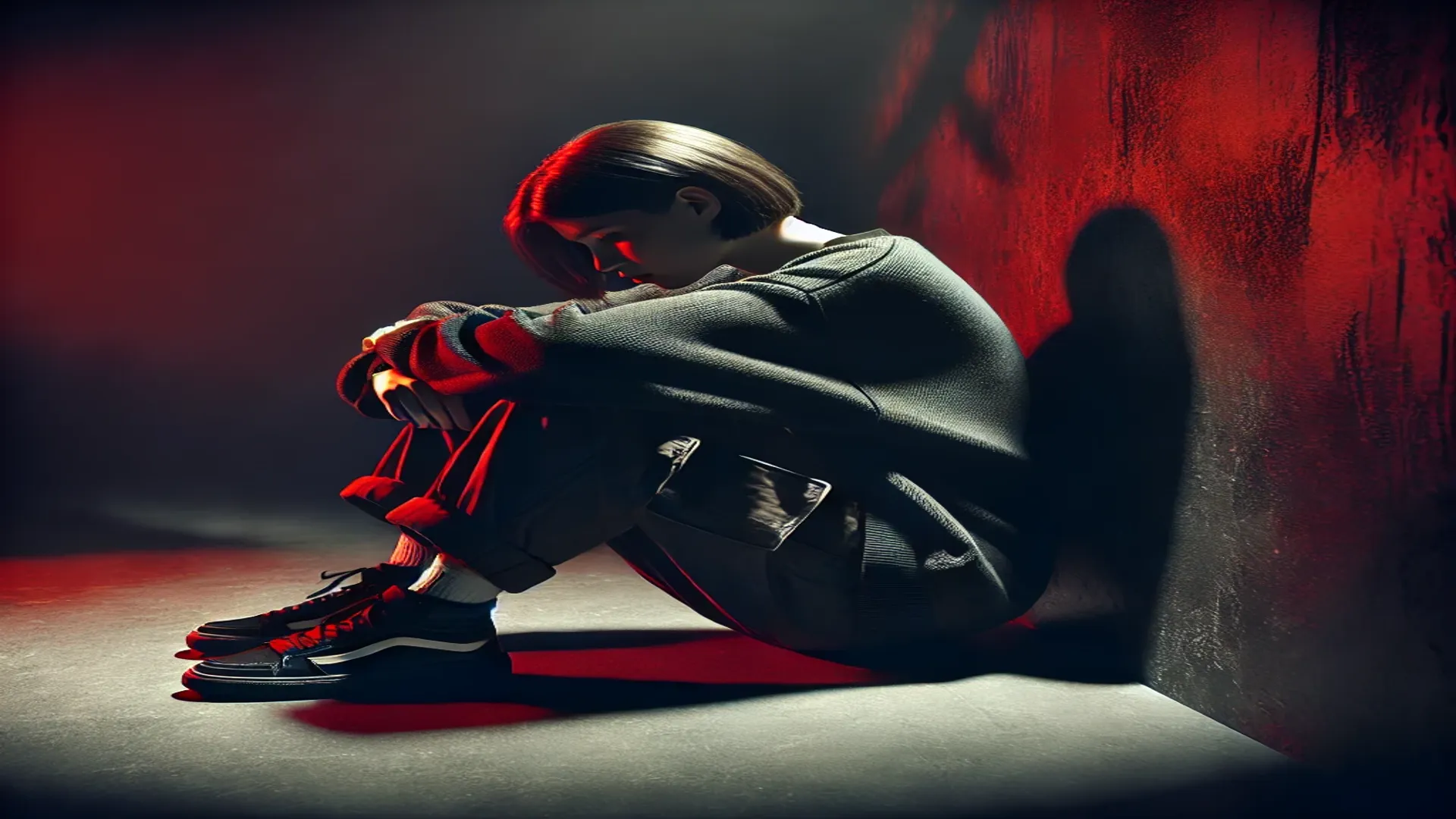 Mulher sentada no chão em um ambiente com toneladas dramáticas de preto e vermelho, aparentando tristeza e reflexão. Ela veste roupas casuais e está com a cabeça abaixada, em uma cena que transmite desespero e decepção, pois é um depoimento amarração amorosa que não deu certo.