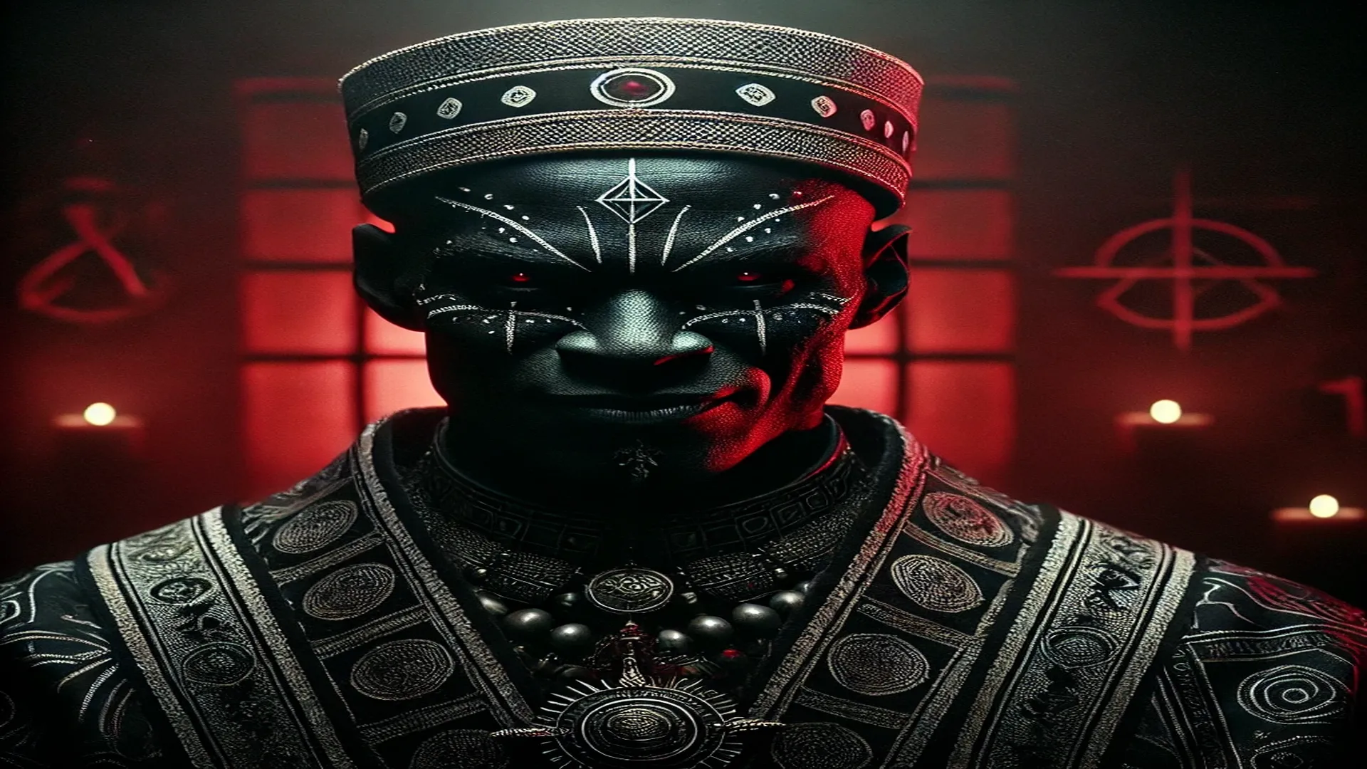 Uma figura imponente vestida com roupas cerimoniais ornamentadas, decorada com símbolos esotéricos. O fundo iluminado em tons de vermelho e preto remete a um ambiente místico, com elementos que sugerem rituais ou espiritualidade. A expressão no rosto questiona: Quimbanda é do mal?