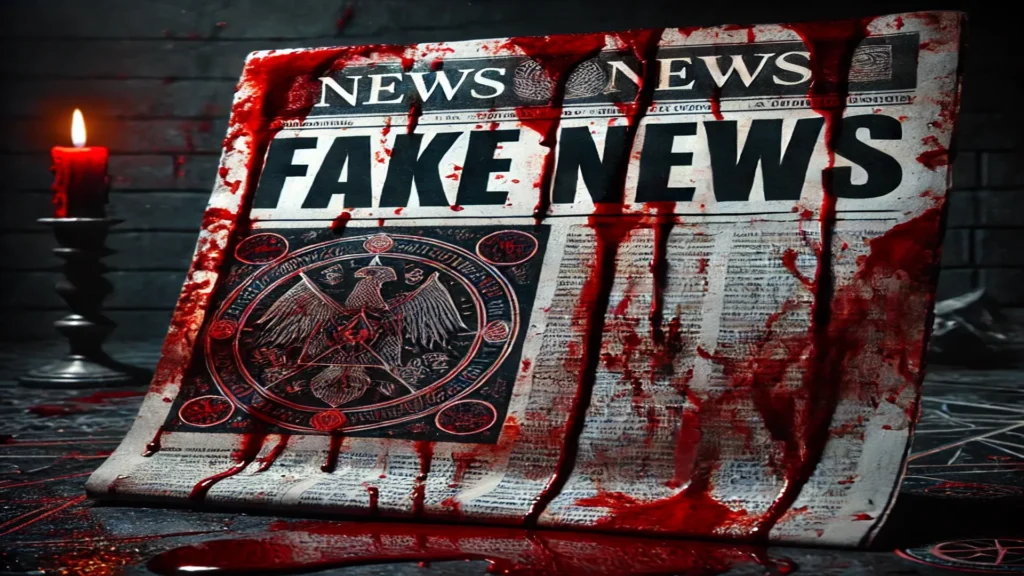 Um jornal com o título "Fake News" destacado, manchado de sangue, em um cenário escuro e misterioso. No fundo, uma vela vermelha acesa ilumina parcialmente o ambiente, reforçando o clima sombrio. O jornal apresenta símbolos esotéricos, deixando uma conexão com práticas ocultas ou místicas.