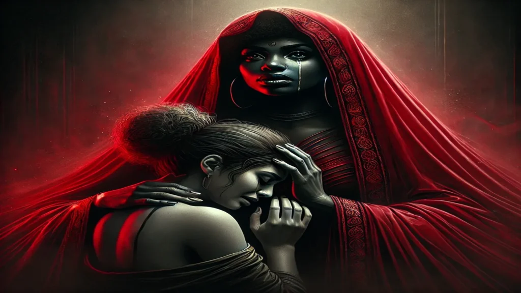 Uma figura mística e poderosa envolta em um véu vermelho, simbolizando a entidade Iyami Oxorongá, acolhe e conforta uma mulher em um momento de vulnerabilidade. O fundo escuro, com tons avermelhados, reforça a atmosfera espiritual e de proteção. Os detalhes no traje e a expressão séria da figura evocam respeito e conexão com o sagrado. Questionando: Quimbanda é do mal?  