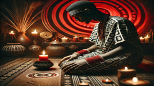 Pessoa praticando rituais espirituais, usa roupas tradicionais africanas, com velas acesas e ornamentos ao fundo, criando uma atmosfera espiritual. Simbolizando rezas poderosas da quimbanda.