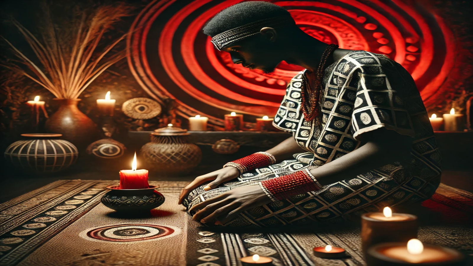 Pessoa praticando rituais espirituais, usa roupas tradicionais africanas, com velas acesas e ornamentos ao fundo, criando uma atmosfera espiritual. Simbolizando rezas poderosas da quimbanda.