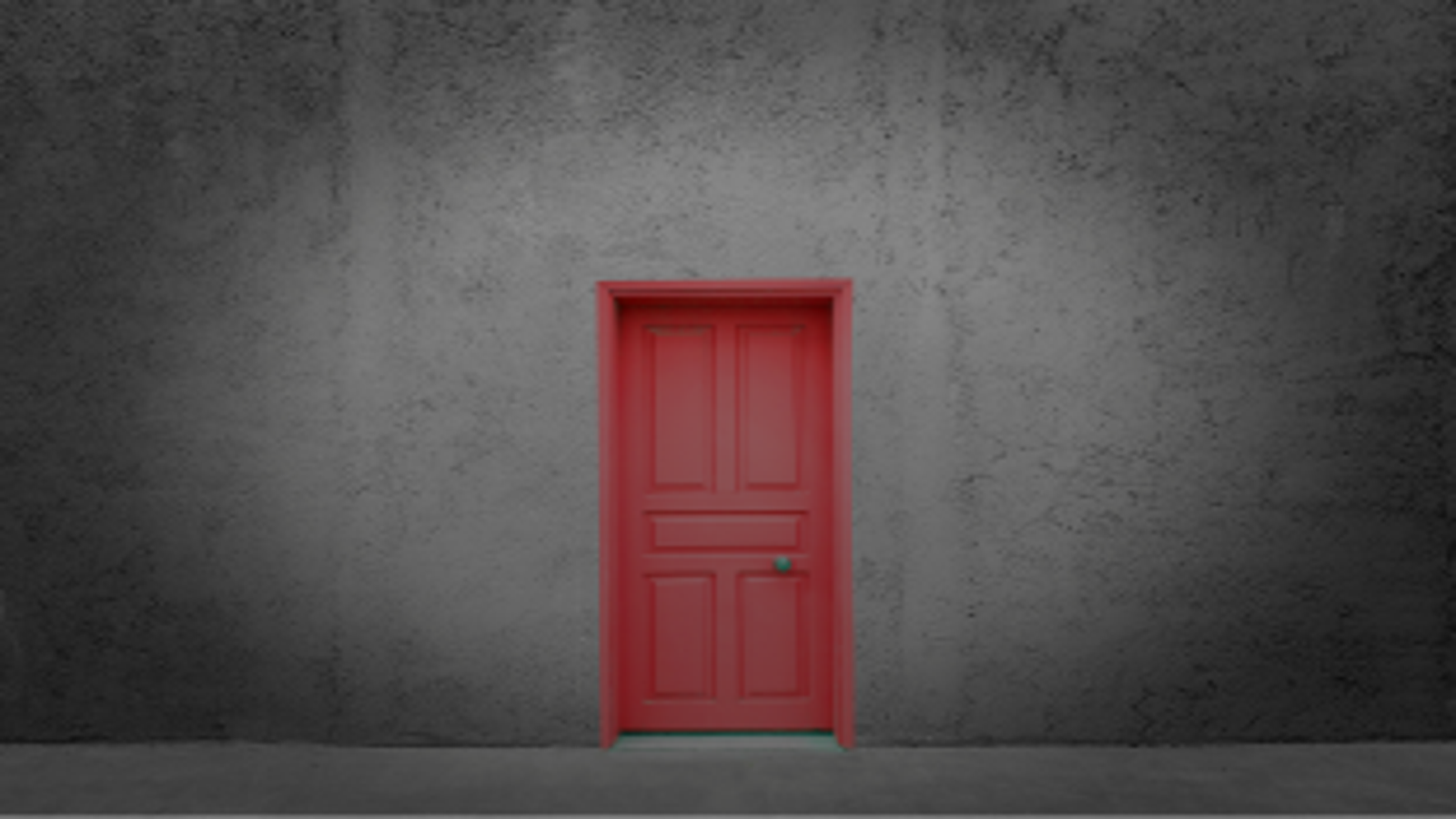 Uma porta vermelha destacada em uma parede cinza escura, simbolizando a pessoa não tem abertura caminhos e oportunidades.