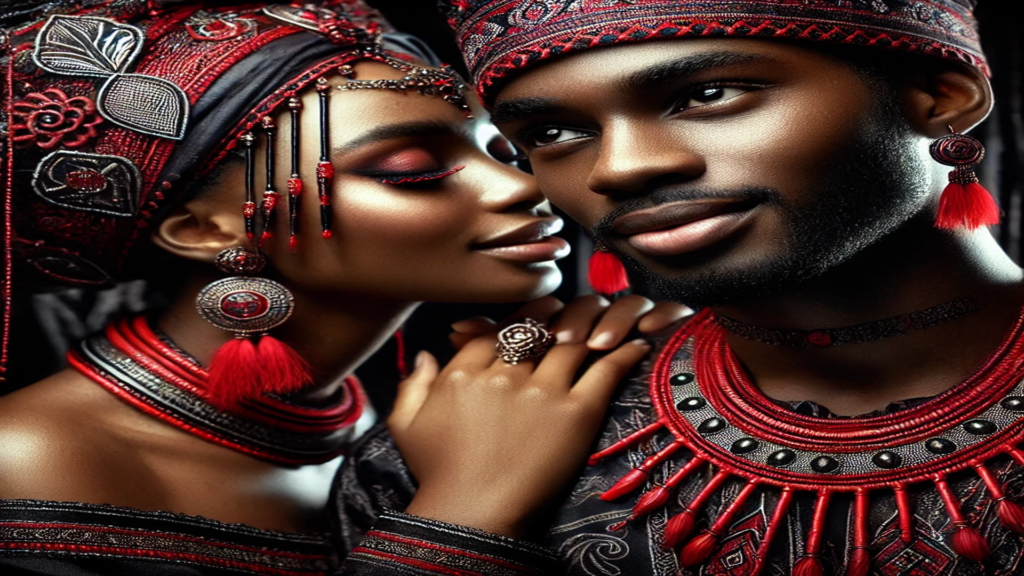 Casal trajado com adornos tradicionais em preto e vermelho, com elementos de luxo e ancestralidade, simbolizando a conexão espiritual e a restauração de laços sob a proteção de Iyami Oxorongá.