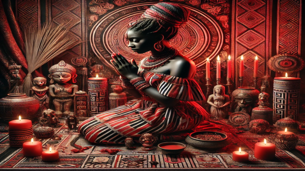 Mulher ajoelhada em oração em um altar ricamente decorado com elementos espirituais e culturais, rodeada por velas vermelhas acesas e objetos sagrados. Simbolizando rezas poderosas do quimbanda. 