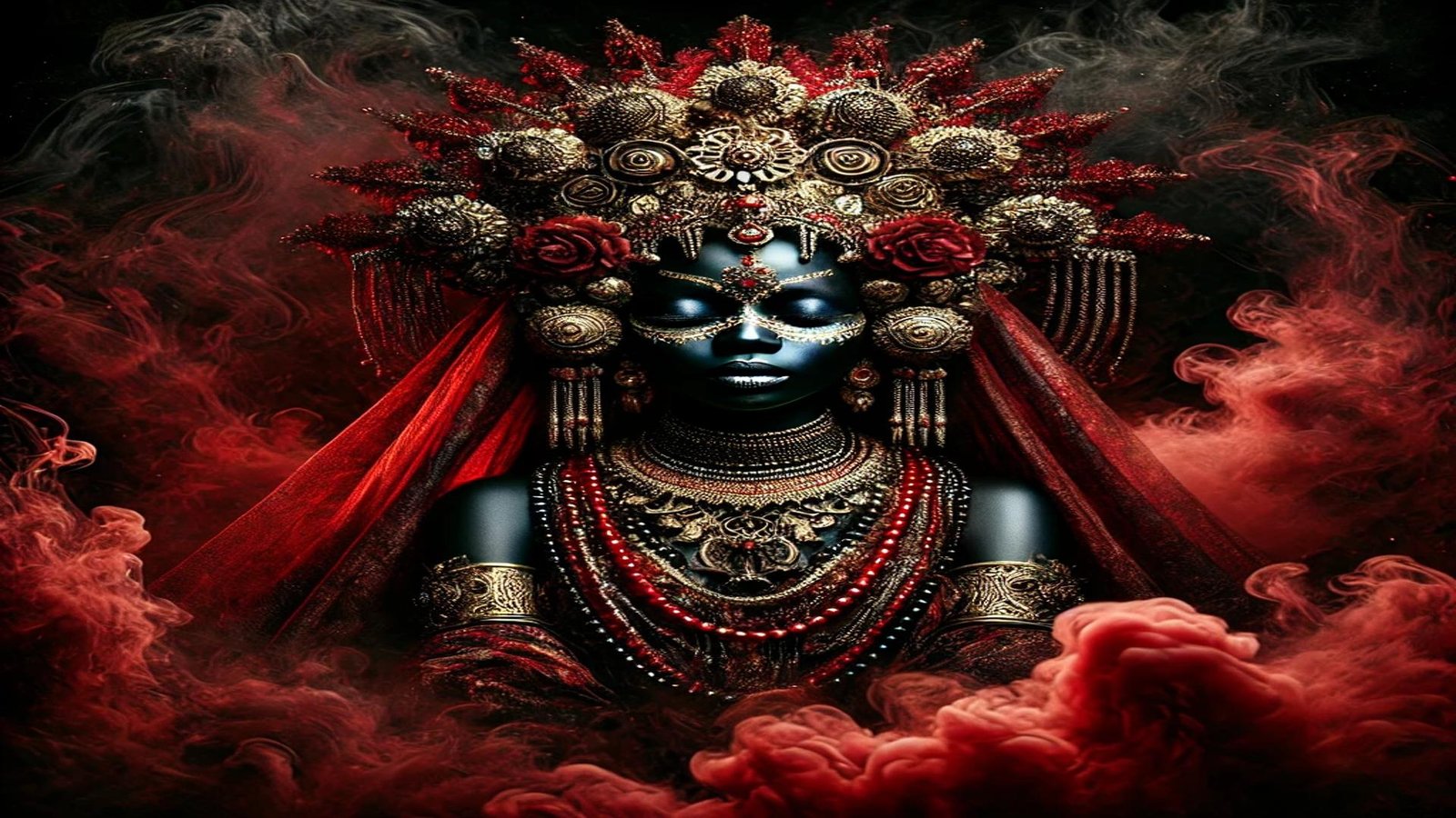 Imagem artística representando uma figura mística, com elementos detalhados e adornos ornamentados em ouro e vermelho, evocando uma atmosfera espiritual com fumaça vermelha em torno dela. Representando quais são as entidades da quimbanda