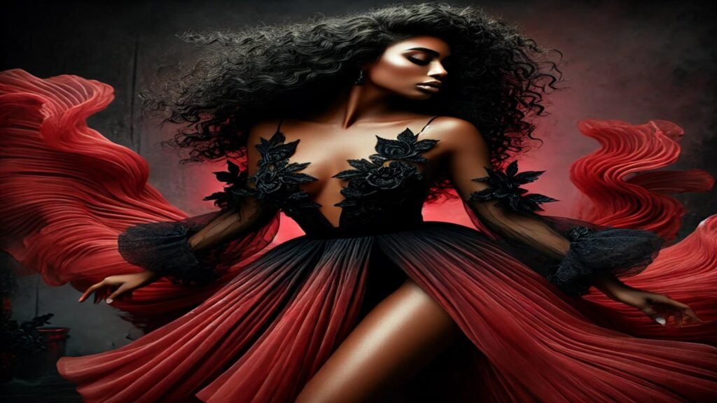 Imagem artística representando uma figura feminina poderosa e elegante, com cabelos longos e cacheados, vestindo um vestido vermelho vibrante e preto decorado com flores, transmitindo graça e força espiritual. Simbolizando o que pomba gira faz na vida de uma pessoa 