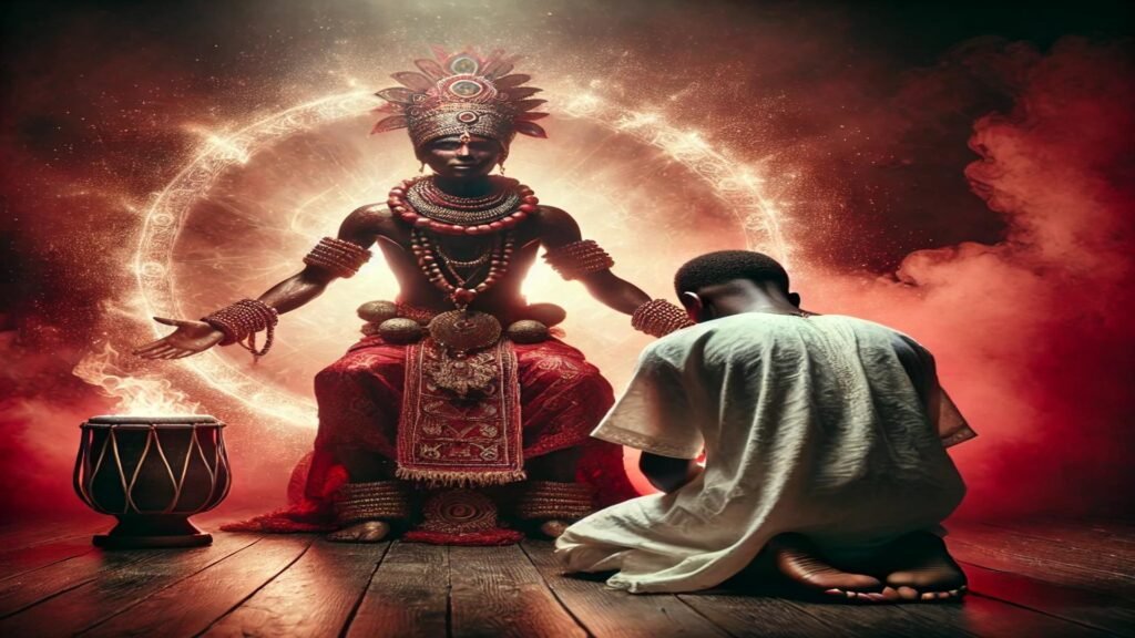 Representação artística de uma figura espiritual da Quimbanda, adornada com trajes elaborados e joias, iluminada por um círculo místico ao fundo. Um devoto ajoelhado em reverência completa a cena, simbolizando a conexão e transformação espiritual. Simbolizando quais são as entidades da Quimbanda e porque venera-las.