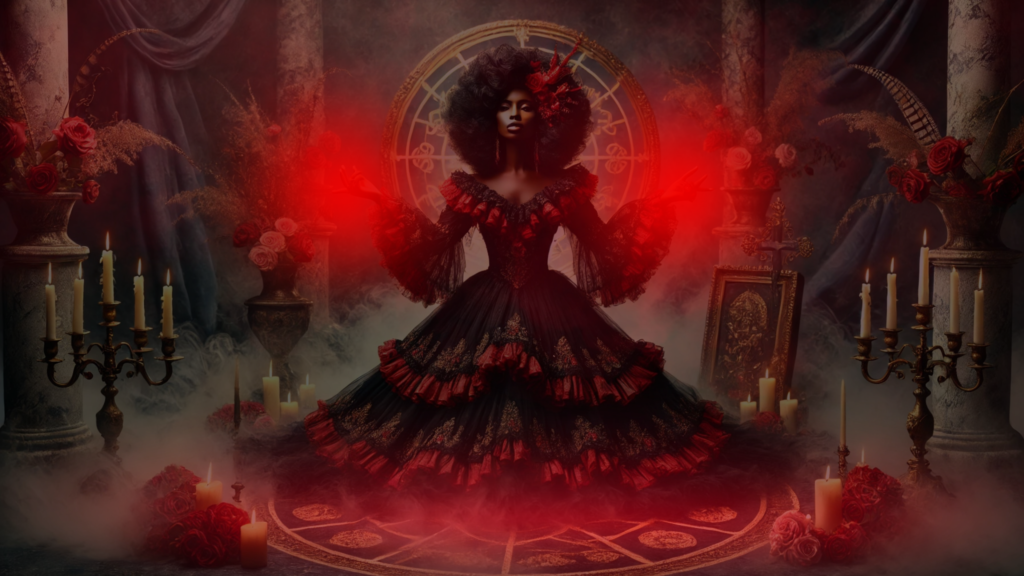 Uma mulher com vestido preto e vermelho de estilo vitoriano, cercada por símbolos esotéricos e luz vermelha mística em suas mãos. Ao fundo, uma atmosfera mágica com colunas, rosas e candelabros iluminados por velas, envoltos em névoa. Simbolizando a origem e história da entidade Pomba Gira