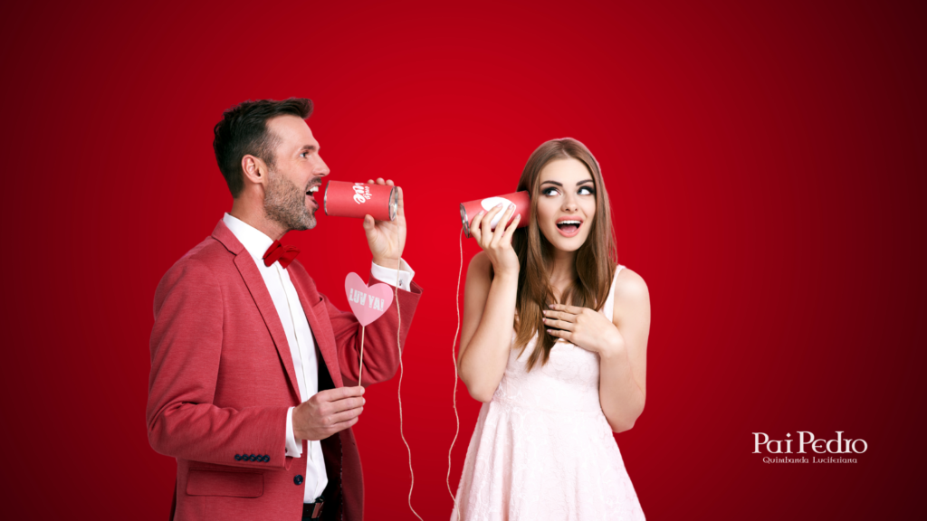 Casal se comunicando com copos e barbante, simbolizando diálogo leve e respeito em meio a conflitos amorosos ao invés da briga de casal. 