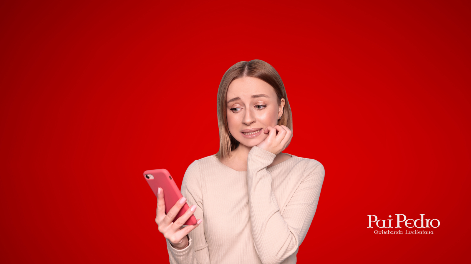 Imagem de uma mulher olhando o celular com expressão de preocupação ou desconforto, sobre fundo vermelho intenso, simbolizando o ato de Stalkear nas redes sociais. No canto inferior direito está escrito "Pai Pedro – Quimbanda Luciferiana".