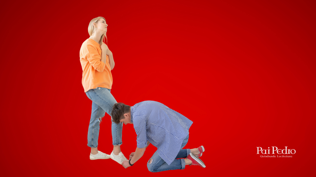 Homem ajoelhado amarrando o sapato de uma mulher que olha para cima com desdém e indiferença, representando a inversão de papéis afetivos quando ela passa a se prioriza e deixa de ser uma mulher boazinha.