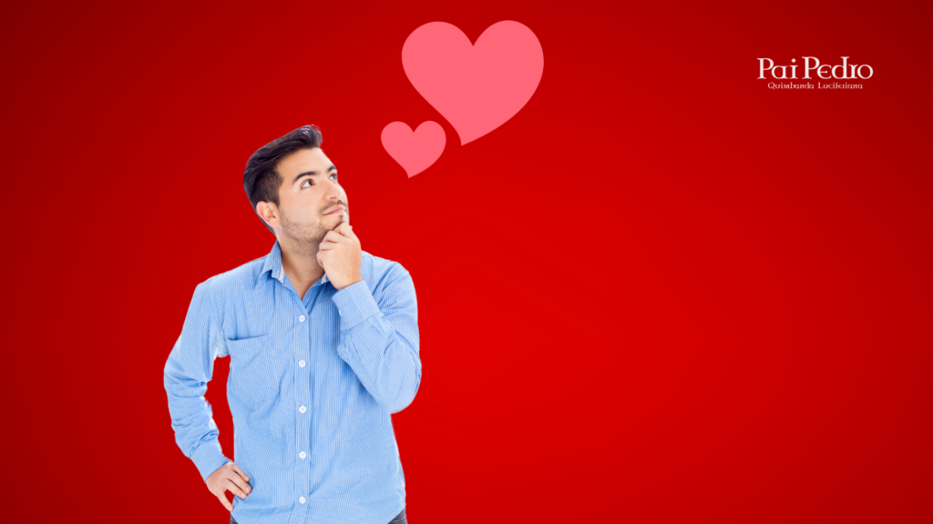 Homem jovem com expressão pensativa, olhando para cima enquanto dois corações rosa flutuam ao lado de sua cabeça. A imagem transmite dúvida e emoção, simbolizando os sinais de que um homem está se apaixonando.