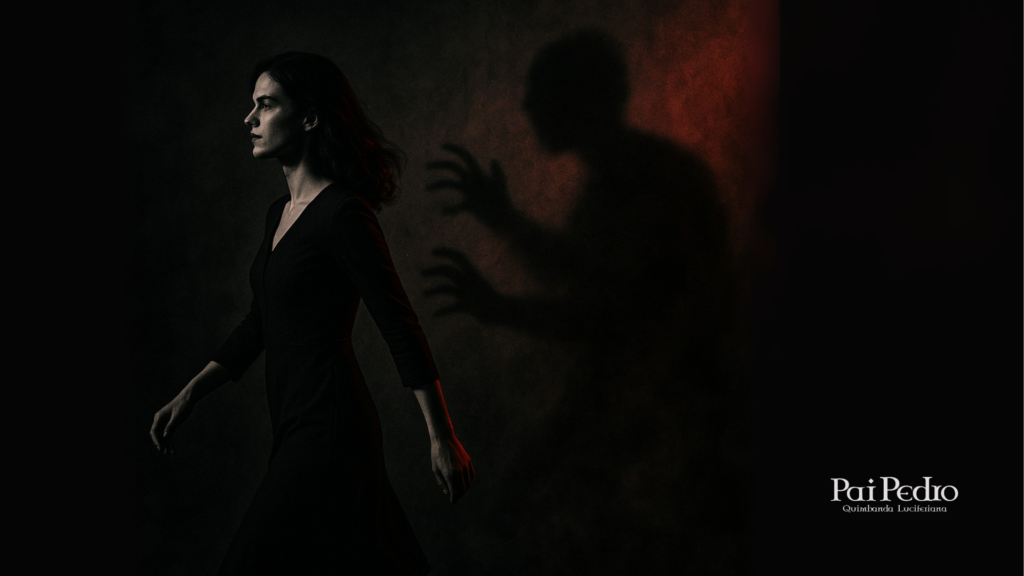 Mulher caminhando para frente com expressão séria e determinada, enquanto atrás dela surge a sombra de uma figura ameaçadora com mãos estendidas, representando a personificação da saudade como uma vilã invisível que tenta alcançá-la. Fundo sombrio com iluminação dramática em tons de preto e vermelho, reforçando a sensação de tensão e perseguição emocional.