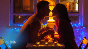 Casal em clima romântico durante um jantar à luz de velas, trocando olhares intensos e segurando as mãos, criando conexão no primeiro encontro.