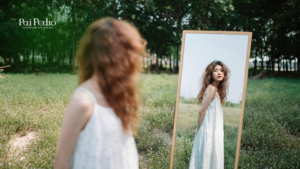 Mulher de vestido branco observa seu reflexo em um espelho no meio de um campo, transmitindo introspecção e desejo de reconquista, que ele não te valoriza.