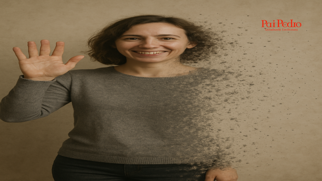 Mulher sorridente se despede com a mão levantada, enquanto metade do seu corpo parece se desfazer em partículas, como se estivesse desaparecendo. A imagem transmite leveza, desapego e um adeus simbólico. O fundo é neutro e o logo “Pai Pedro – Quimbanda Luciferiana” aparece no canto superior direito.