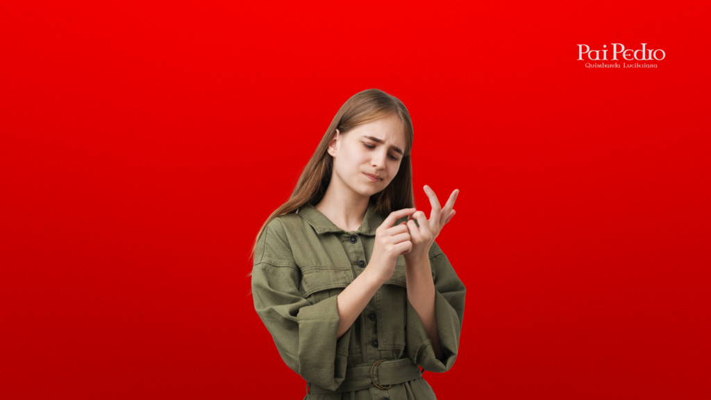 Mulher jovem com expressão de frustração e tristeza, olhando fixamente para os dedos, como se estivesse contanto os motivos para se afastar de alguém. Ela veste uma roupa verde-oliva, e o fundo é totalmente vermelho, reforçando a carga emocional. No canto superior direito, o logo “Pai Pedro – Quimbanda Luciferiana”. 