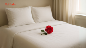 Cama arrumada com lençóis brancos e uma rosa vermelha sobre o centro, simbolizando amor romântico, desejo e questionamento entre realidade e ilusão nos relacionamentos.