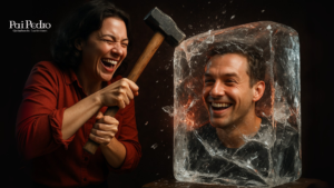 Mulher sorridente quebra um bloco de gelo com uma marreta, revelando o rosto de um homem que também ri, simbolizando a quebra do gelo e o início de uma conversa divertida. Ou seja, mostrando como puxar assunto.