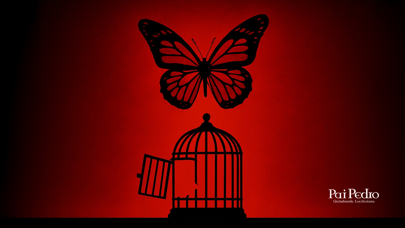 Silhueta de uma borboleta preta voando para fora de uma gaiola aberta, em frente a um fundo vermelho intenso. A cena simboliza liberdade, recomeço e superação após o término de relacionamento. No canto inferior direito está escrito “Pai Pedro – Quimbanda Luciferianna”.
