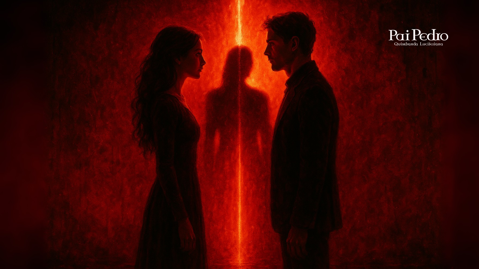 Homem e mulher se encaram de frente em um ambiente vermelho intenso, separados por uma fenda de luz incandescente. No centro da abertura, a silhueta de uma figura espiritual sugere a presença de uma força invisível conectando os dois. Simbolizando trazer a pessoa amada de volta.No canto superior direito está escrito “Pai Pedro – Quimbanda Lucifériana”.