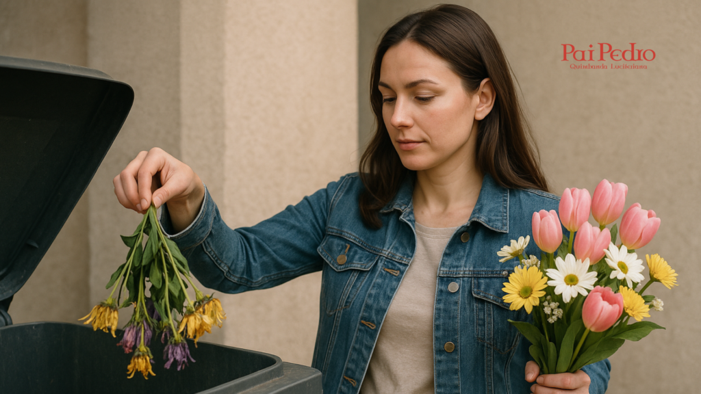 Estratégias de como superar alguém: mulher joga flores murchas no lixo enquanto segura um novo buquê de flores vivas, simbolizando renovação.