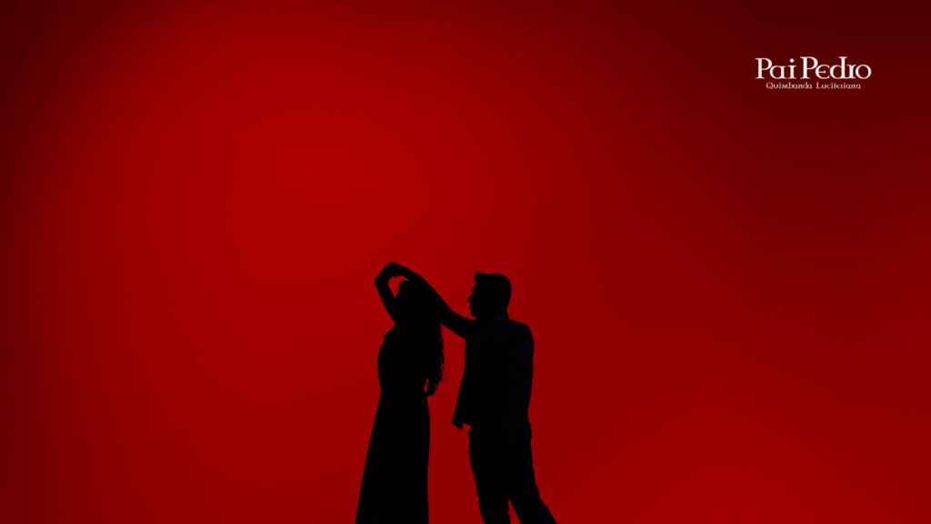 Silhueta de um casal dançando diante de um fundo vermelho vibrante, simbolizando leveza, movimento e renovação da paixão através de experiências novas em conjunto.