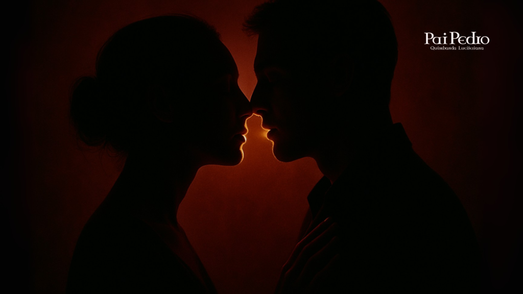 Silhueta de um casal prestes a se beijar, iluminados por um brilho quente entre seus rostos, simbolizando paixão saudável, leveza e conexão verdadeira, sem toxicidade. Simbolizando o amor romântico.