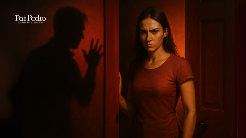 Mulher séria e desconfiada em frente a uma porta entreaberta, enquanto a sombra de um homem aparece na parede tentando se aproximar. A cena representa o simbolismo de sonhar com ex-namorado querendo voltar, trazendo à tona sentimentos de medo, dúvida e resistência.