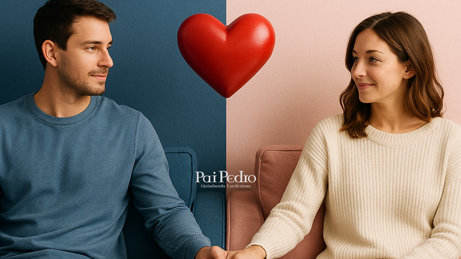 Casal sentado em sofás separados, olhando um para o outro e segurando as mãos, com um coração vermelho entre eles, simbolizando o relacionamento LAT, e o texto “Pai Pedro – Quimbanda Luciferiana” no centro.