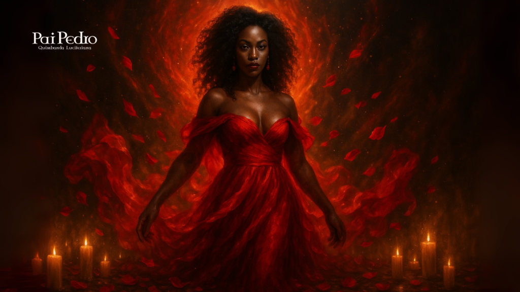 Mulher poderosa vestida de vermelho em meio a chamas suaves e pétalas flutuantes, cercada por velas acesas, simbolizando a força espiritual e a energia da paixão.