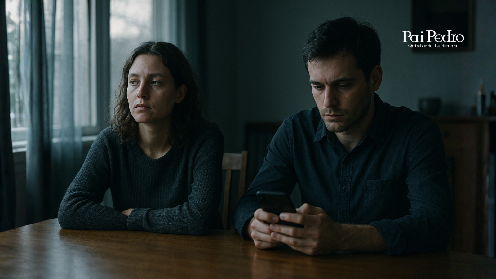 Casal sentado à mesa em silêncio, olhando em direções opostas, com semblantes distantes e frios, simbolizando o desinteresse no relacionamento.
