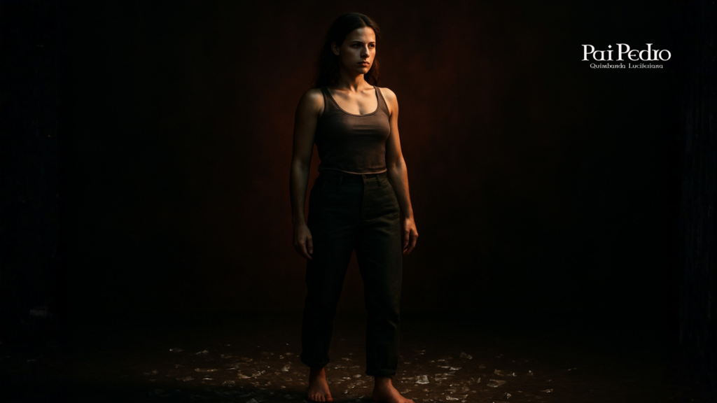 Mulher em pé, sozinha em um ambiente escuro e silencioso, cercada por pedaços de vidro no chão, simbolizando a dor e o processo de reconstrução após o desinteresse no relacionamento.